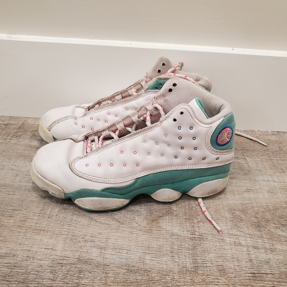 Nike Air Jordan 13 Retro White Soar Blue/Pink High Top Sneakers Size 7Y Unisex - Picture 6 of 8